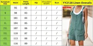 Detailed size chart for women's linen overalls with tie straps and pockets in green