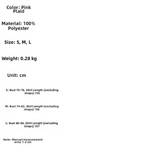Size chart and specifications for pink plaid French style maxi camisole dress
