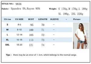 Detailed size chart and fabric specifications for women's white V-neck short sleeve T-shirt