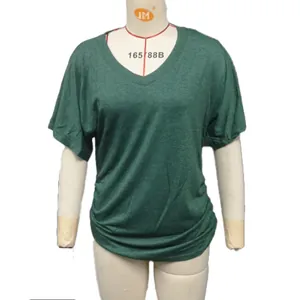 Close-up detail of a dark green V-neck short sleeve cotton T-shirt in a loose fit
