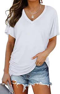 Detail view of a women's loose white V-neck t-shirt, perfect for summer casual styling