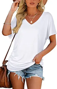 Detailed view of a casual loose-fitting white V-neck cotton T-shirt on a female model