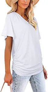 Detail view of women's white V-neck cotton T-shirt with stylish side ruching