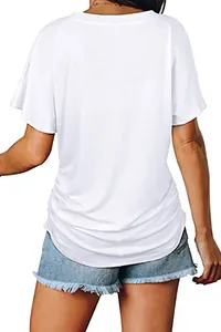 Detailed back view of a white casual loose cotton t-shirt with side ruched accents.