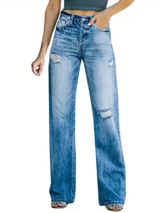 Jeans Large Lavé Usé à Taille Haute pour Femmes Pantalon en Denim Droit Décontracté Streetwear