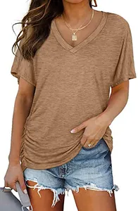 Casual loose fit cotton V-neck t-shirt in khaki shown on model with denim shorts
