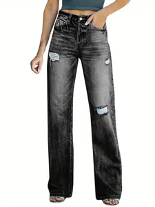 Jean large noir délavé pour femme avec taille haute et détails déchirés élégants