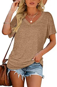 Casual women's tan V-neck short sleeve T-shirt in loose cotton fit for summer days.