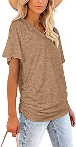 Close-up of women's summer V-neck T-shirt featuring side ruched detailing in brown