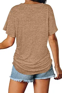 Detailed back view of casual short-sleeved top showing unique ruched sides and hemline