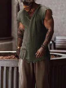 Débardeur en Coton Délavé pour Hommes Col en V Sans Manches Streetwear Top Avec Bord Franc Décontracté Été Respirant Couleur Unie Débardeur