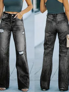 Jean en denim délavé gris à jambe large et taille haute pour femme, vue de face et de dos