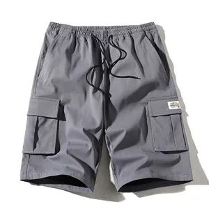 Pantaloncini cargo grigi estivi da uomo con vita elastica a coulisse e tasche laterali