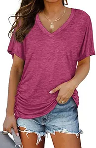 Detail view of women's casual maroon V-neck short sleeve T-shirt with side ruching