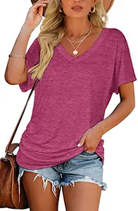 Stylish magenta V-neck short-sleeved T-shirt for women in a casual loose fit summer style