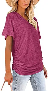 Women's casual V-neck short sleeve T-shirt with ruched side detail in magenta heather