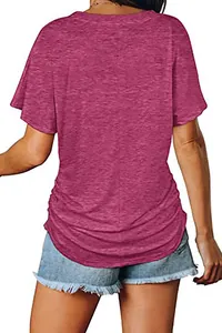 Back view of a casual fuchsia short-sleeved t-shirt featuring stylish side ruching details