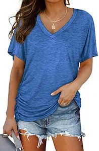Close-up detail of blue V-neck cotton T-shirt featuring ruched sides and casual loose fit