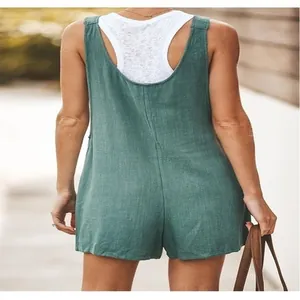 Detailed back view of a summer solid green cotton linen sleeveless romper jumpsuit for women