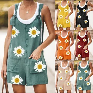 Daisy print linen romper for women featuring pockets and tie straps in multiple colors