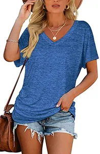 Detailed view of women's casual V-neck t-shirt in blue heather fabric