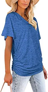 Casual loose-fit blue V-neck short sleeve cotton t-shirt for women's summer everyday wear