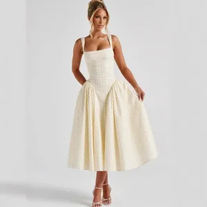 French style yellow gingham midi dress with square neck and full skirt for summer
