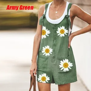 Army green cotton linen romper featuring white daisy print and shoulder ties detail.
