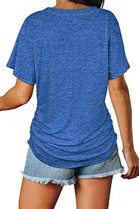 Back view of loose casual blue t-shirt showing soft fabric texture and pleated hem