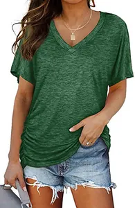 Women's casual loose fit V-neck short sleeve t-shirt in dark green marl fabric detail