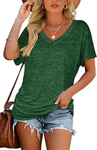 Casual dark green V-neck T-shirt for women with loose fit and breathable cotton fabric