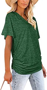 Detail view of a green V-neck cotton T-shirt with stylish side ruching on a model