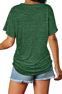 Back view of a casual dark green ruched short sleeve t-shirt for women summer fashion.