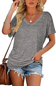 Classic grey women's V-neck cotton T-shirt with a relaxed fit for casual summer wear