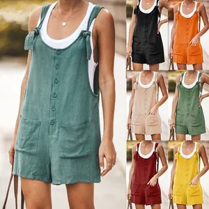 Women Summer Casual Cotton Romper Sleeveless Solid Color Tie Strap Jumpsuit Single Breasted Overalls With Pockets Beach Playsuit