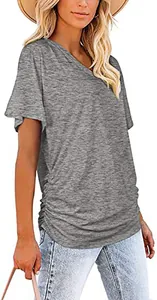 Detail view of women's grey V-neck T-shirt with ruched side and soft marl fabric.