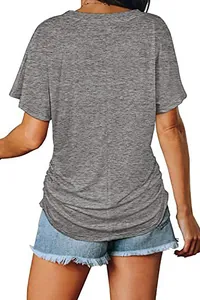 Detailed back view of a casual gray heather short sleeve cotton T-shirt for women