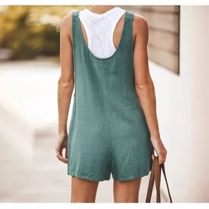 Casual green cotton linen racerback romper shorts jumpsuit for women summer outfit