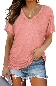 Casual women's pink V-neck T-shirt with loose fit and soft cotton texture