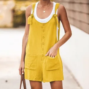 Stylish women's yellow cotton linen romper with tie-up straps and front pockets