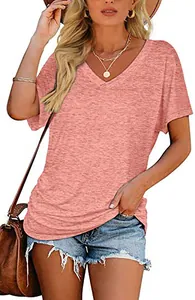 Women's casual loose V-neck short sleeve T-shirt in coral marl shown on model