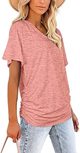 Casual women's salmon V-neck T-shirt with stylish side ruching for a summer look