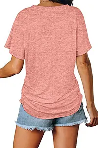 Back view of a casual coral pink loose-fit short sleeve cotton T-shirt with curved hem.