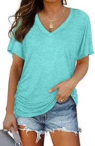 Detail of a casual turquoise V-neck short sleeve T-shirt with stylish side ruching