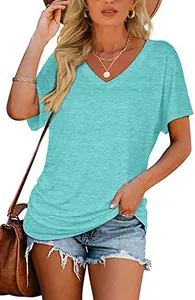 Detailed visual of a turquoise women's V-neck T-shirt featuring soft fabric texture