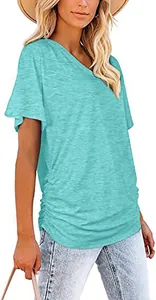 Close-up detail of a soft teal cotton V-neck short sleeve T-shirt with ruched side seams