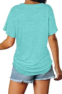 Back view detail of light blue cotton t-shirt with loose fit and curved hem design.