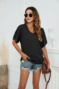 Casual loose fit black cotton V-neck t-shirt for women ideal for summer daily wear