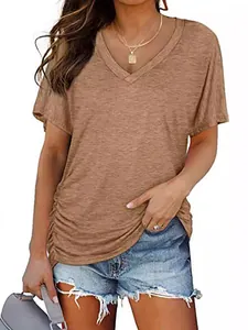 Women's casual short-sleeve V-neck T-shirt in solid brown color with ruched side detail.
