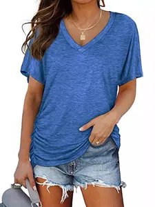 Stylish casual blue V-neck short sleeve T-shirt for women in a comfortable loose summer fit